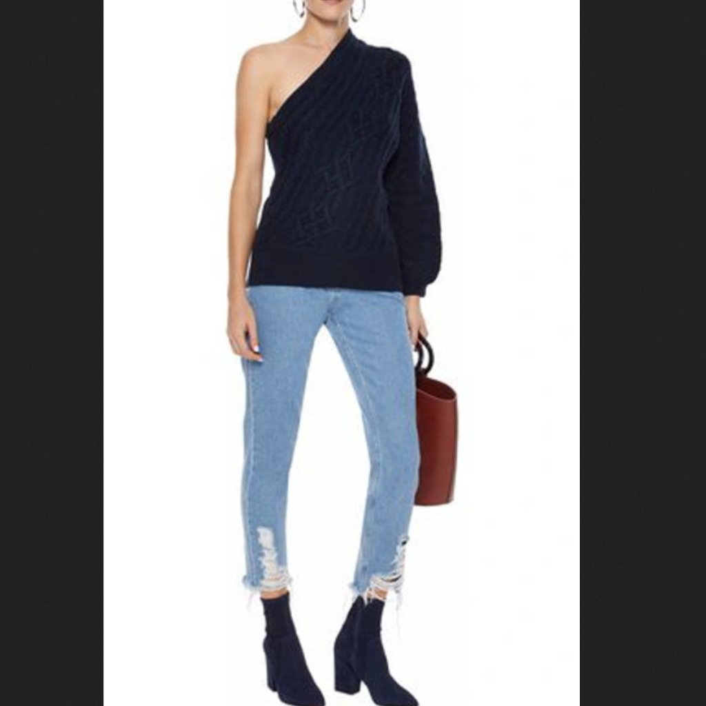 Joie Navy Orella One Shoulder Cable Knit Wool & Yak Blend Sweater Size Large